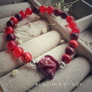 Bold red BIWA PEARL + GEMSTONES +beaded bracelet
